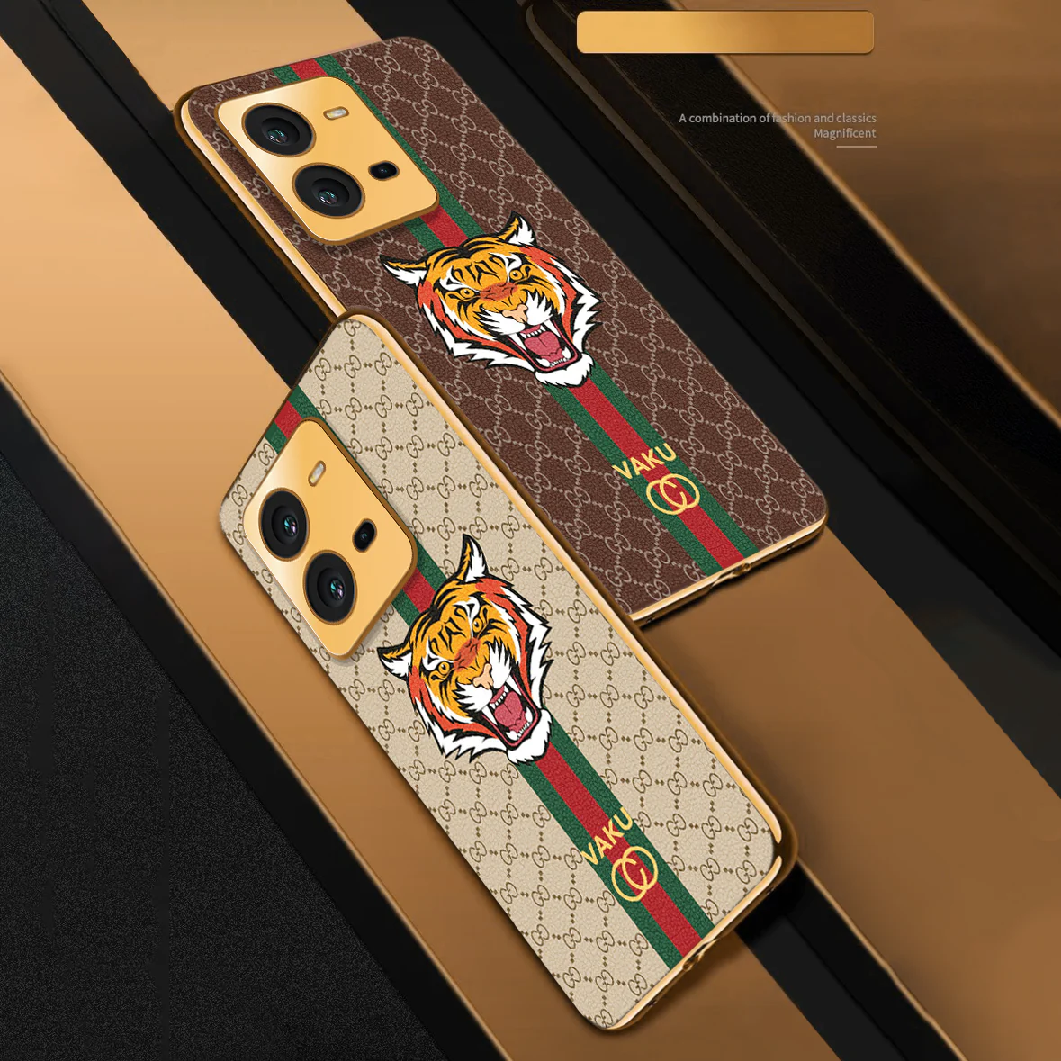 Vaku® Vivo V25 5G Lynx Designer Leather Pattern Gold Electroplated Soft TPU Back Cover Case - Image 6