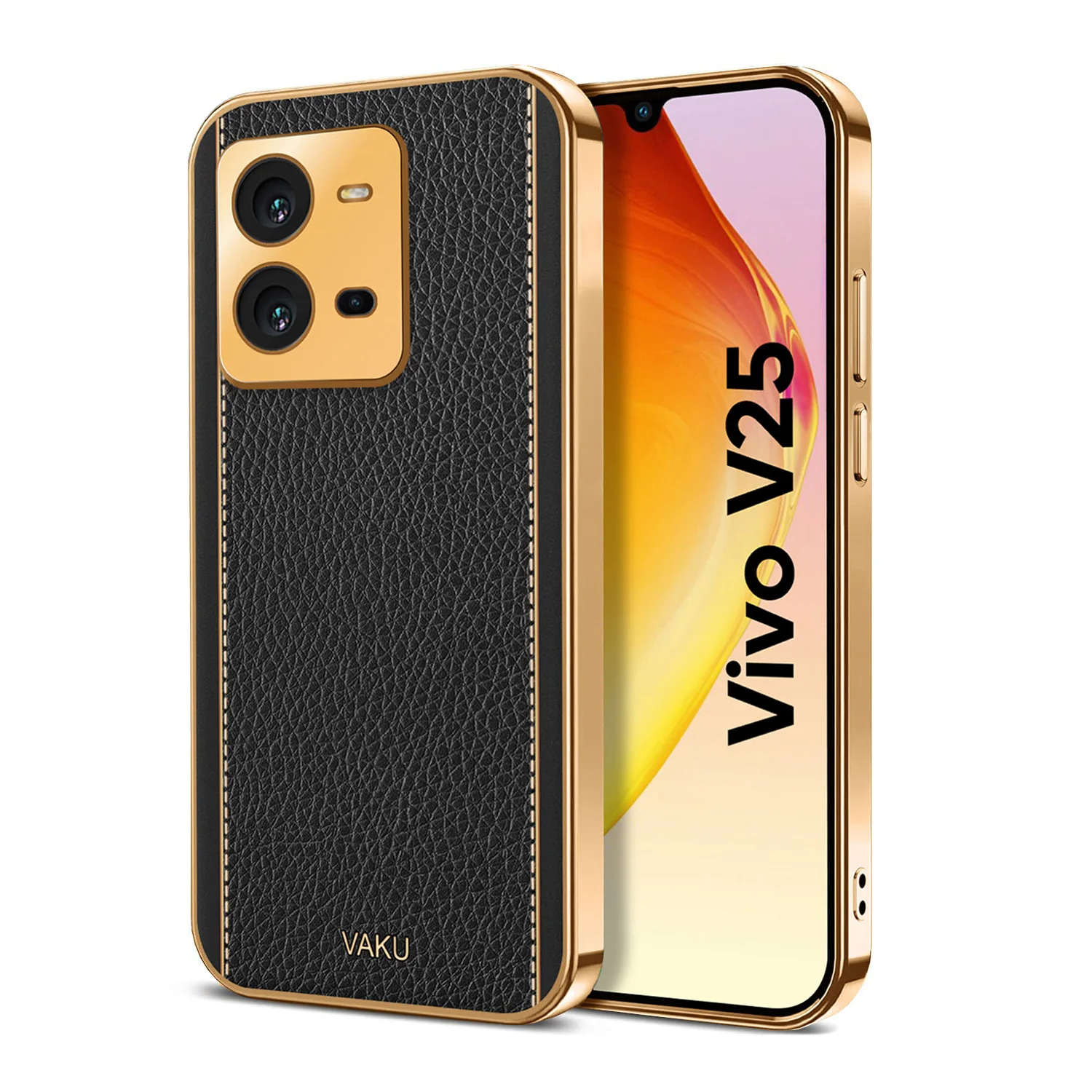 Vaku ® Vivo V25 Luxemberg Series Leather Stitched Gold Electroplated Soft TPU Back Cover - Image 11