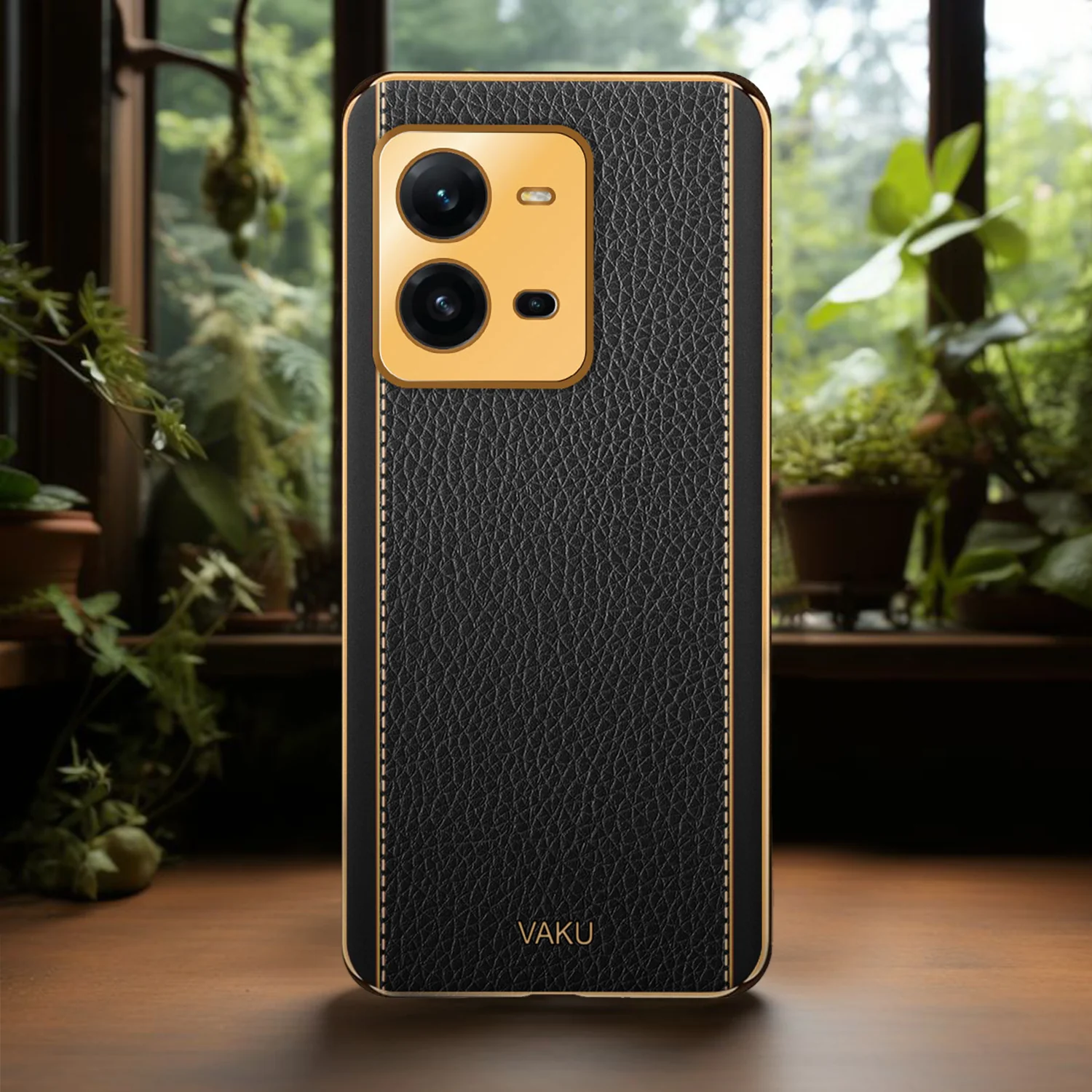 Vaku ® Vivo V25 Luxemberg Series Leather Stitched Gold Electroplated Soft TPU Back Cover - Image 12