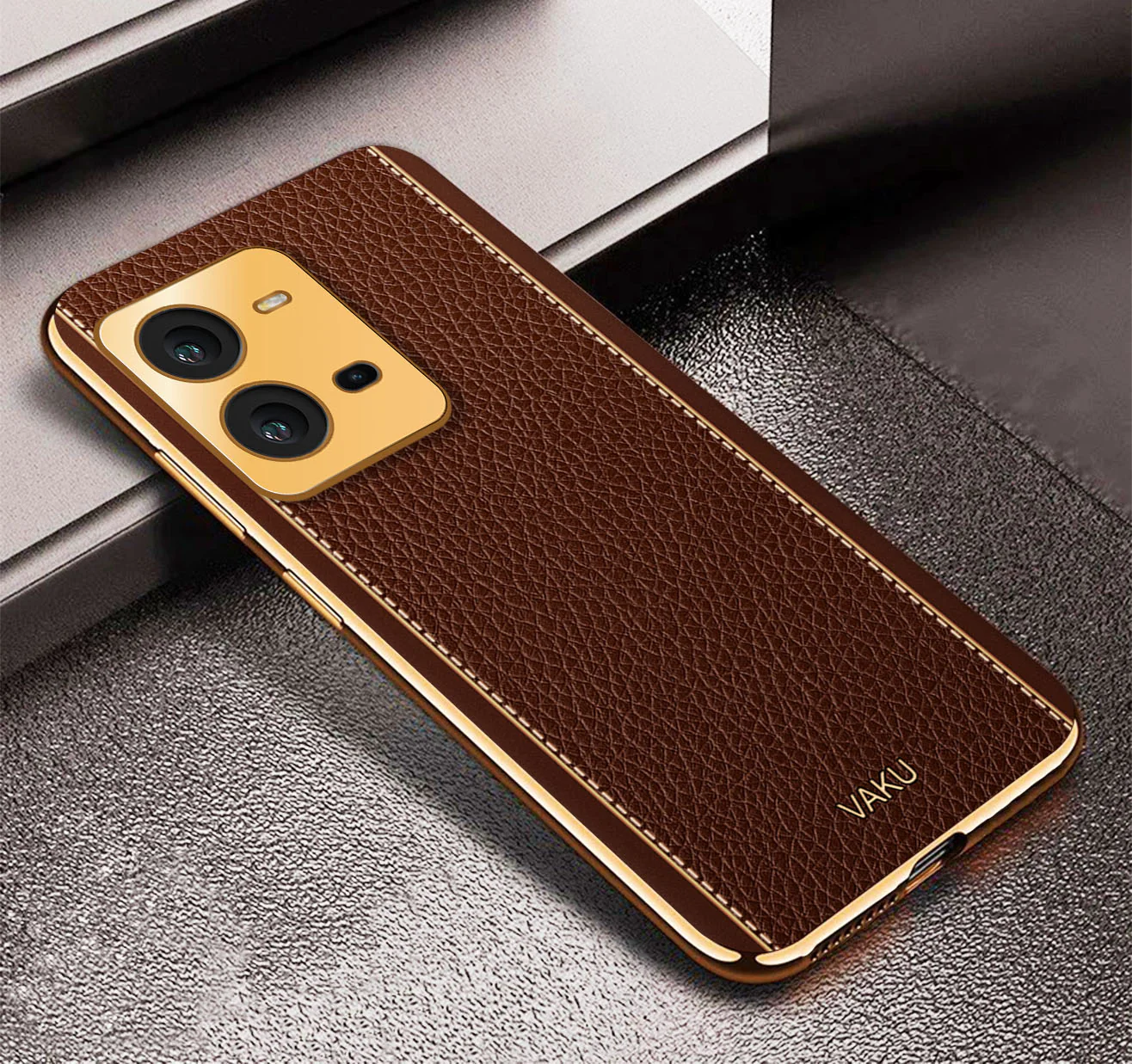 Vaku ® Vivo V25 Luxemberg Series Leather Stitched Gold Electroplated Soft TPU Back Cover - Image 14