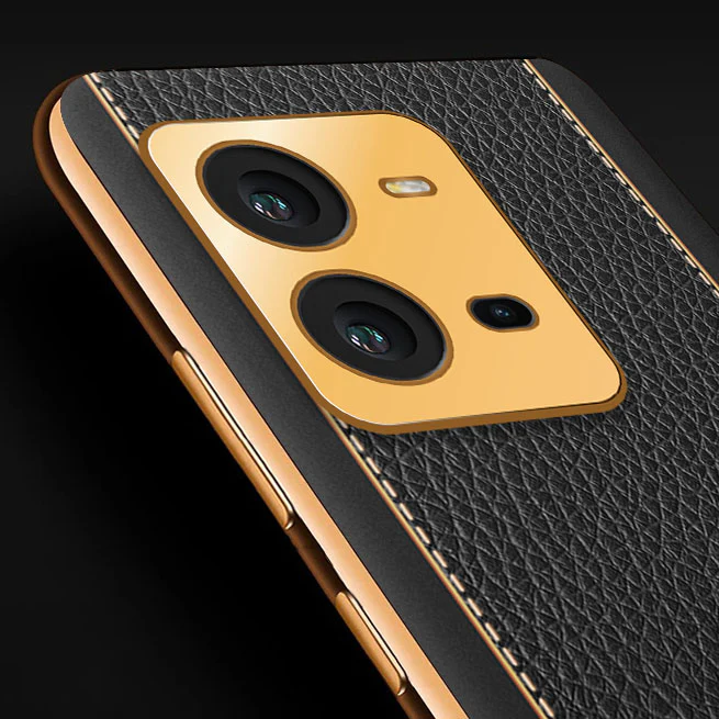 Vaku ® Vivo V25 Luxemberg Series Leather Stitched Gold Electroplated Soft TPU Back Cover - Image 2