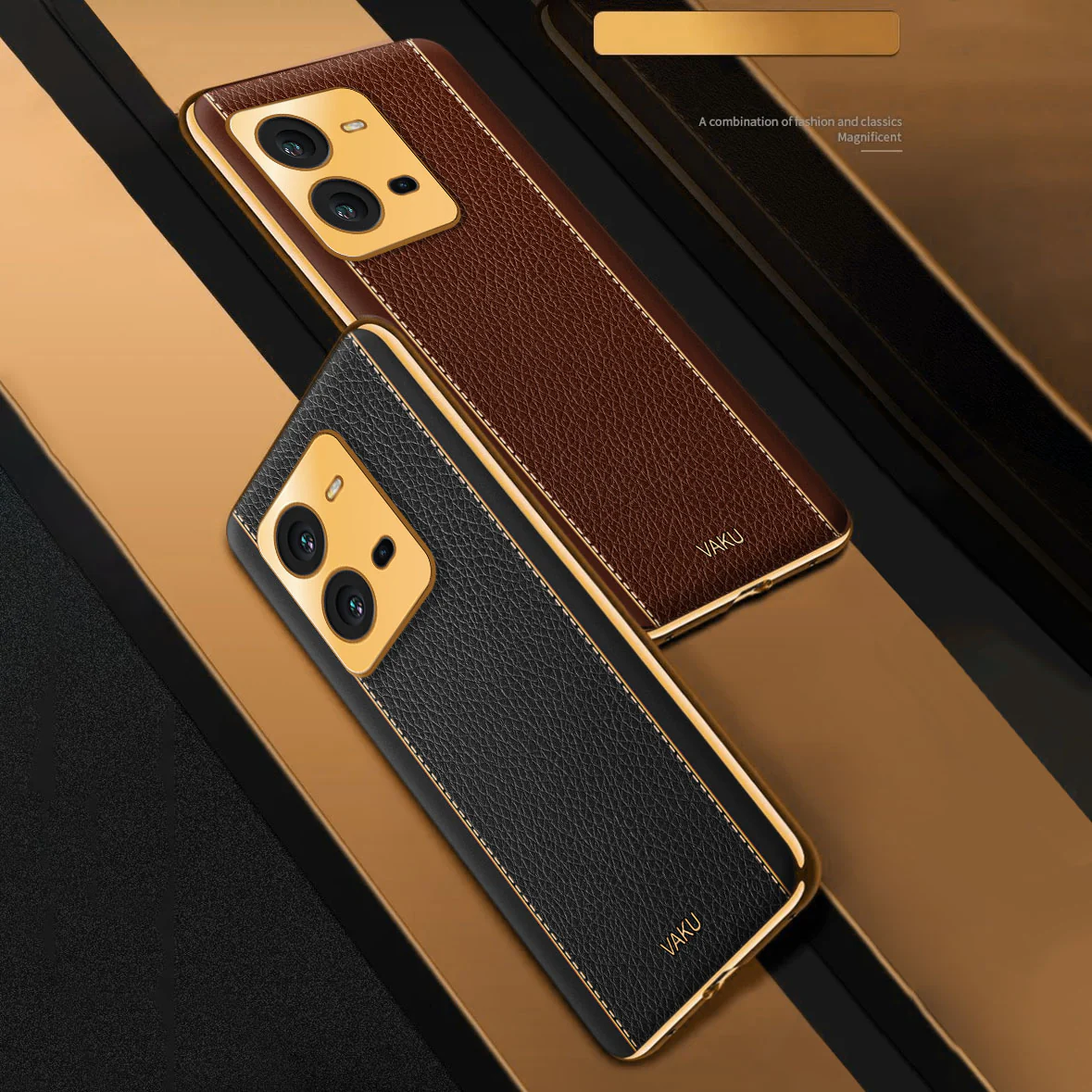 Vaku ® Vivo V25 Luxemberg Series Leather Stitched Gold Electroplated Soft TPU Back Cover - Image 3