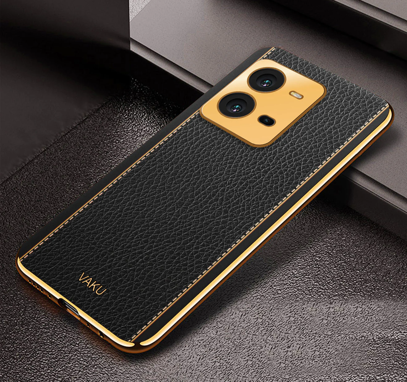 Vaku ® Vivo V25 Luxemberg Series Leather Stitched Gold Electroplated Soft TPU Back Cover - Image 7