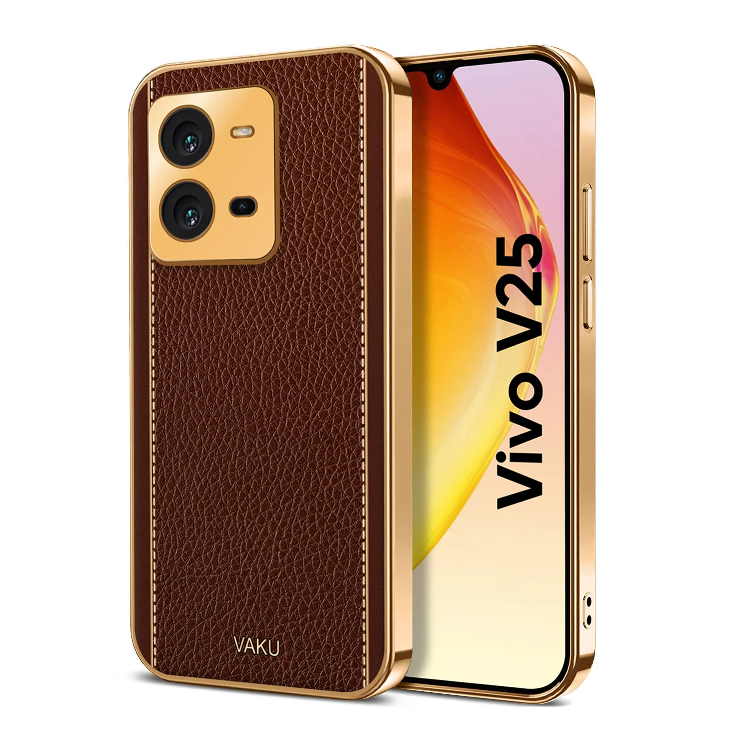 Vaku ® Vivo V25 Luxemberg Series Leather Stitched Gold Electroplated Soft TPU Back Cover - Image 8