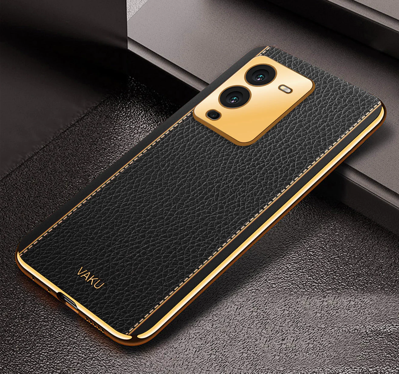 Vaku® Vivo V25 Pro Luxemberg Leather Pattern Gold Electroplated Soft TPU Back Cover - Image 10