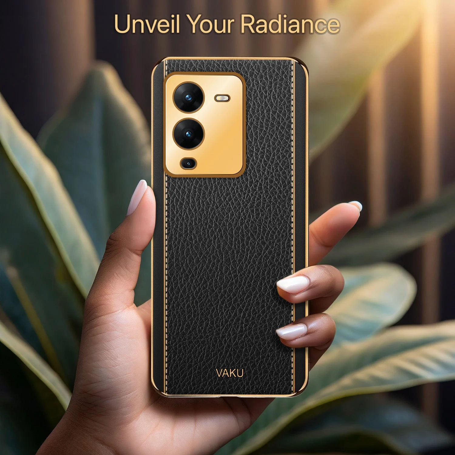 Vaku® Vivo V25 Pro Luxemberg Leather Pattern Gold Electroplated Soft TPU Back Cover - Image 11