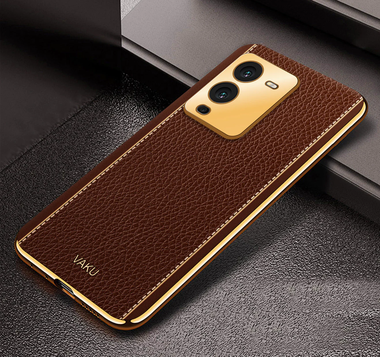 Vaku® Vivo V25 Pro Luxemberg Leather Pattern Gold Electroplated Soft TPU Back Cover - Image 3