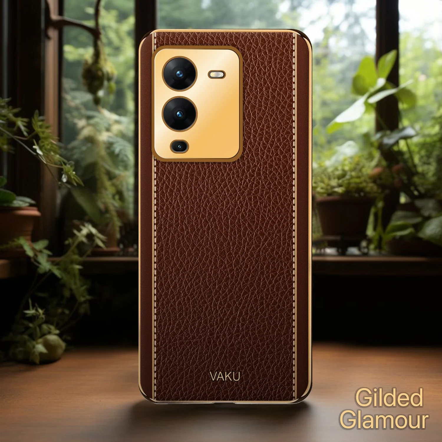Vaku® Vivo V25 Pro Luxemberg Leather Pattern Gold Electroplated Soft TPU Back Cover - Image 4