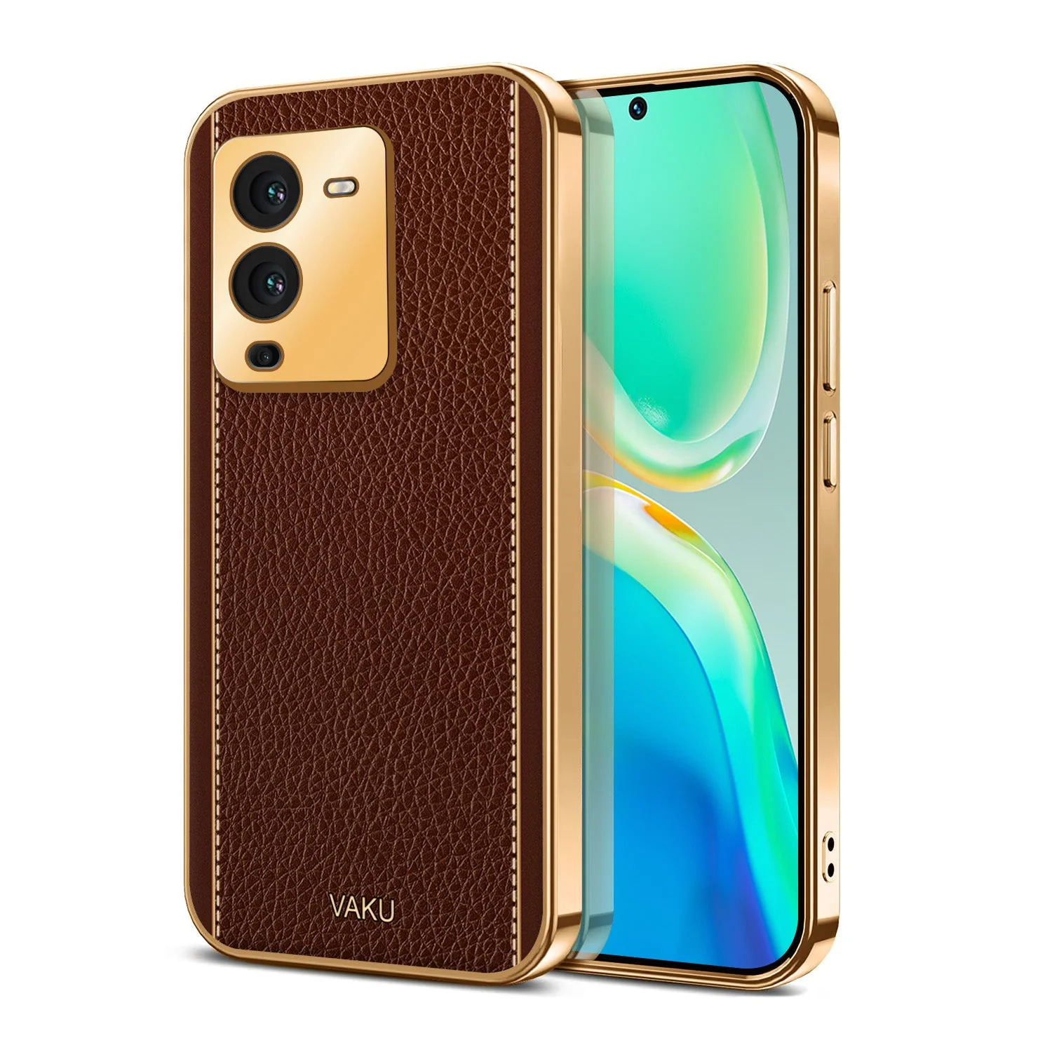 Vaku® Vivo V25 Pro Luxemberg Leather Pattern Gold Electroplated Soft TPU Back Cover - Image 5