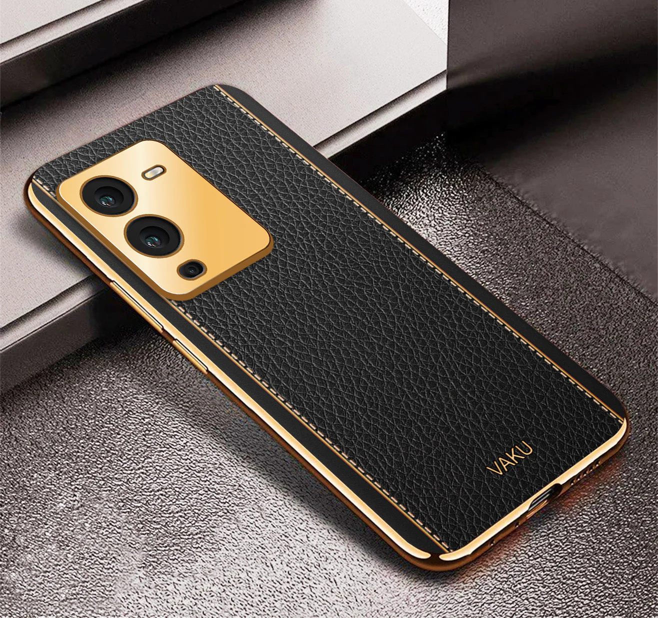 Vaku® Vivo V25 Pro Luxemberg Leather Pattern Gold Electroplated Soft TPU Back Cover - Image 9