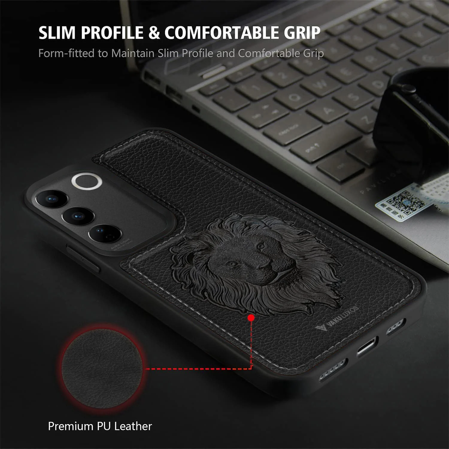 Vaku ® Vivo V27 5G Lion Embossed Luxury Designer Leather Back Cover - Image 3