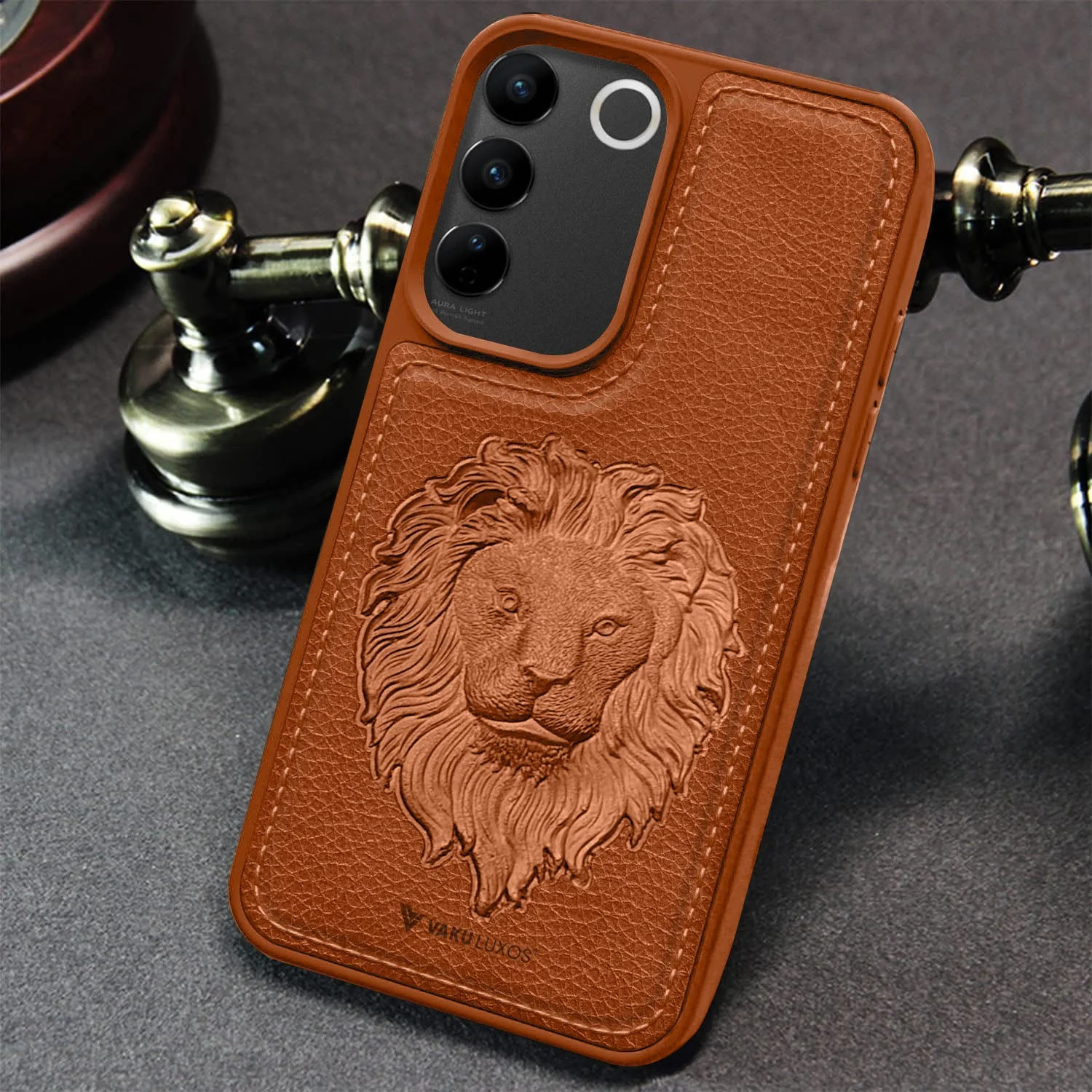 Vaku ® Vivo V27 5G Lion Embossed Luxury Designer Leather Back Cover - Image 5