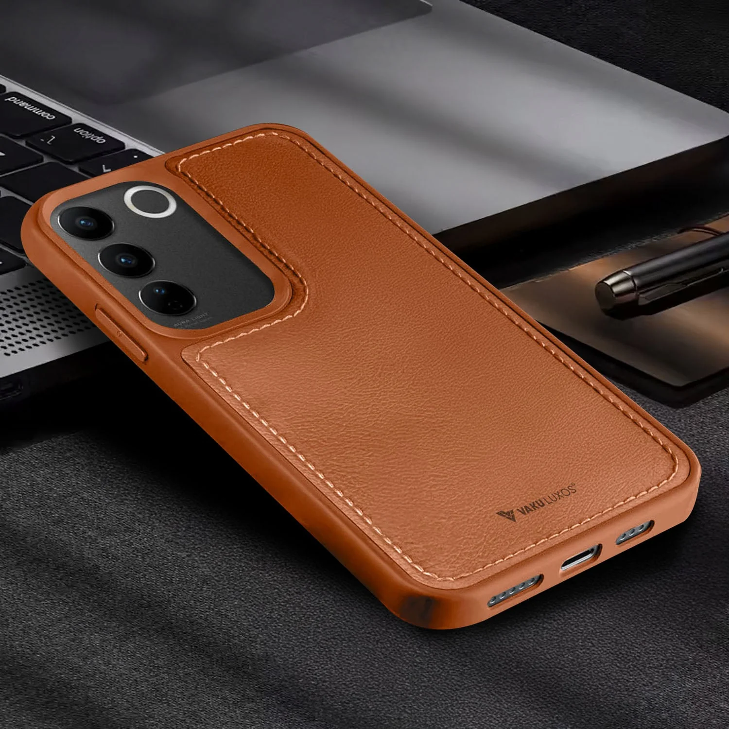 Vaku ® Vivo V27 5G Luxe Premium Leather Stitched Protective Back Cover - Image 7