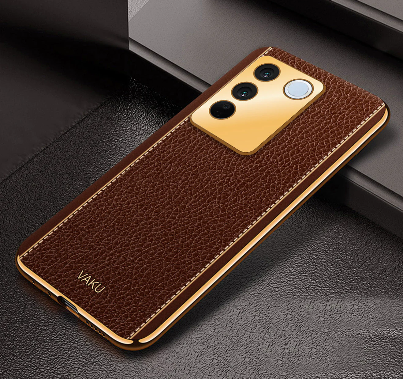 Vaku® Vivo V27 5G Luxemberg Leather Pattern Gold Electroplated Soft TPU Back Cover