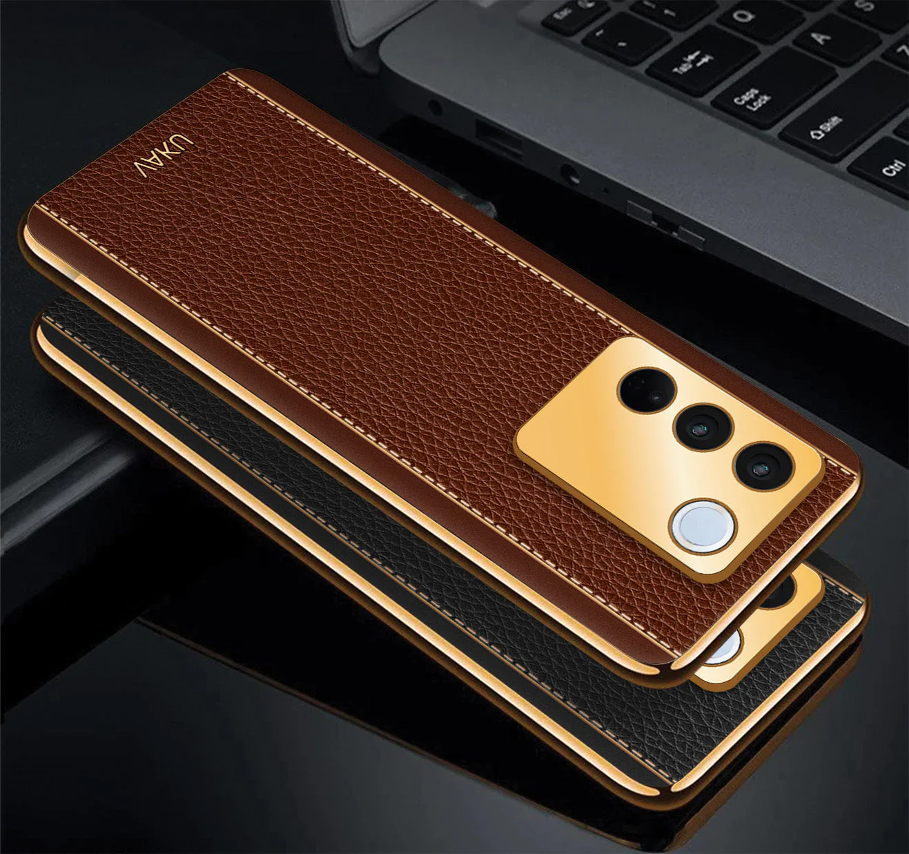 Vaku® Vivo V27 5G Luxemberg Leather Pattern Gold Electroplated Soft TPU Back Cover - Image 11