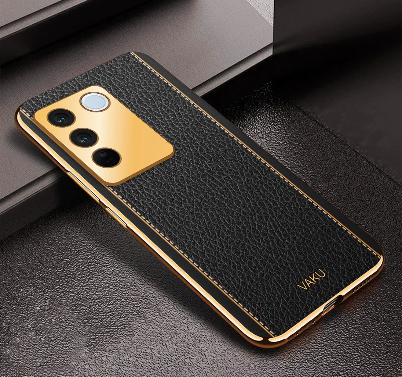Vaku® Vivo V27 5G Luxemberg Leather Pattern Gold Electroplated Soft TPU Back Cover - Image 12