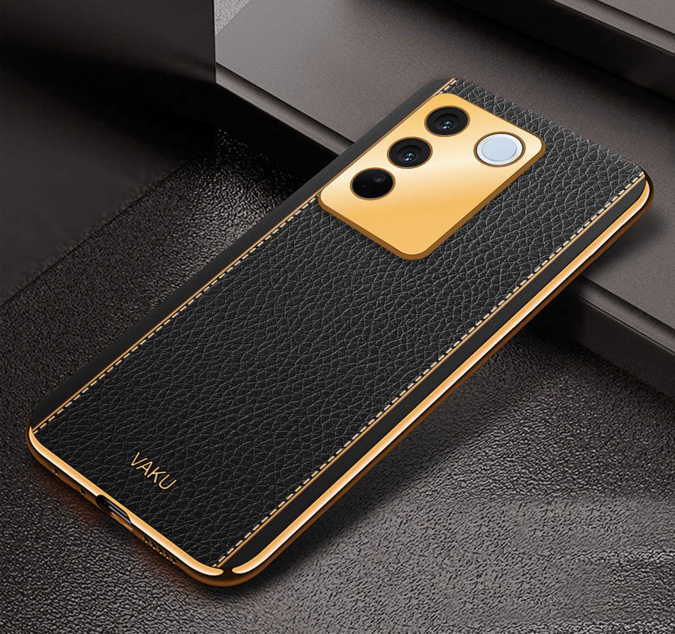 Vaku® Vivo V27 5G Luxemberg Leather Pattern Gold Electroplated Soft TPU Back Cover - Image 13