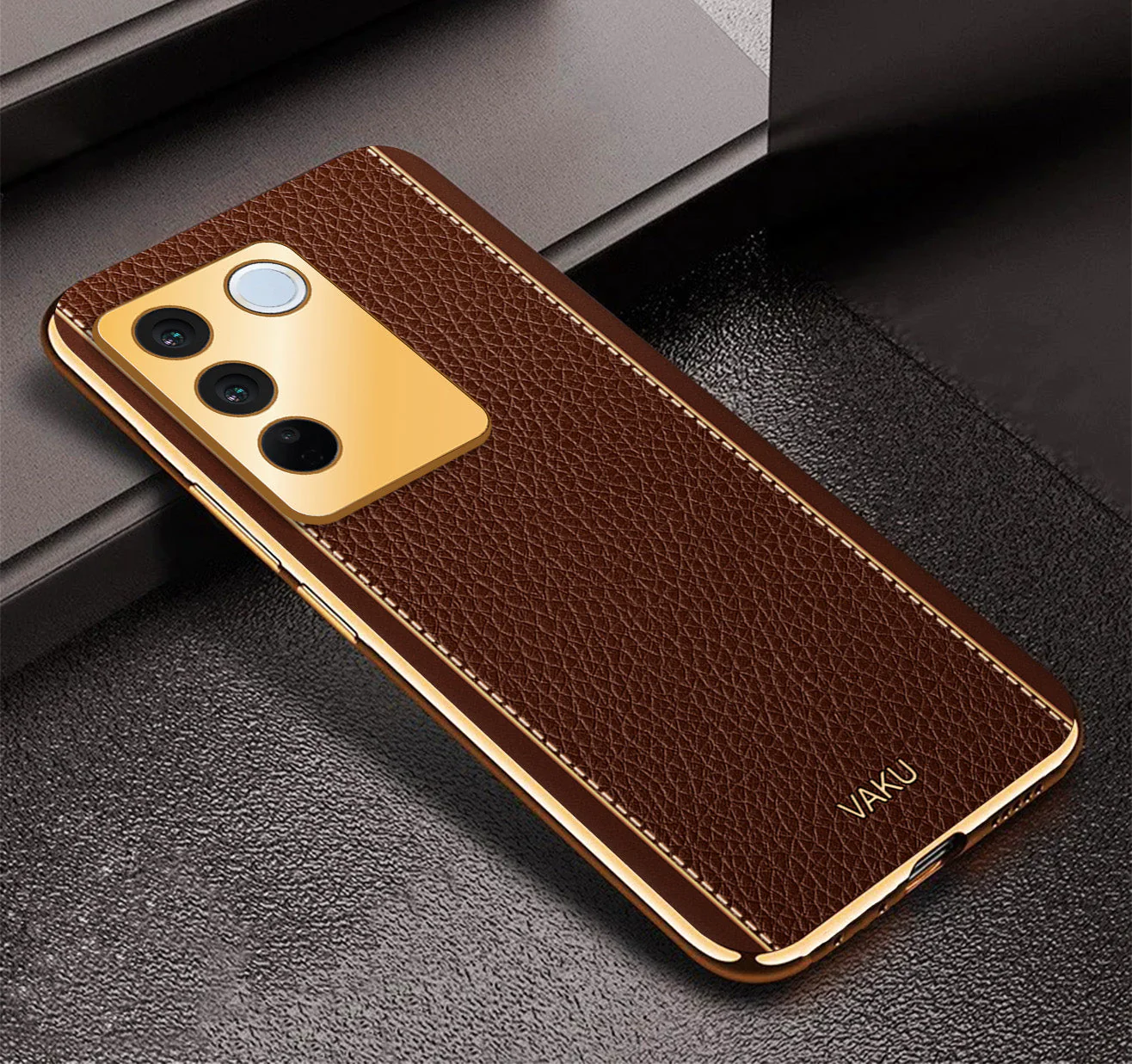 Vaku® Vivo V27 5G Luxemberg Leather Pattern Gold Electroplated Soft TPU Back Cover - Image 2