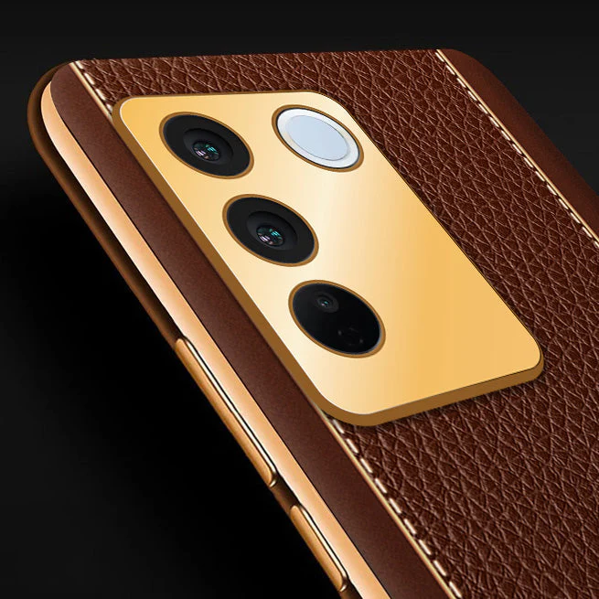 Vaku® Vivo V27 5G Luxemberg Leather Pattern Gold Electroplated Soft TPU Back Cover - Image 3
