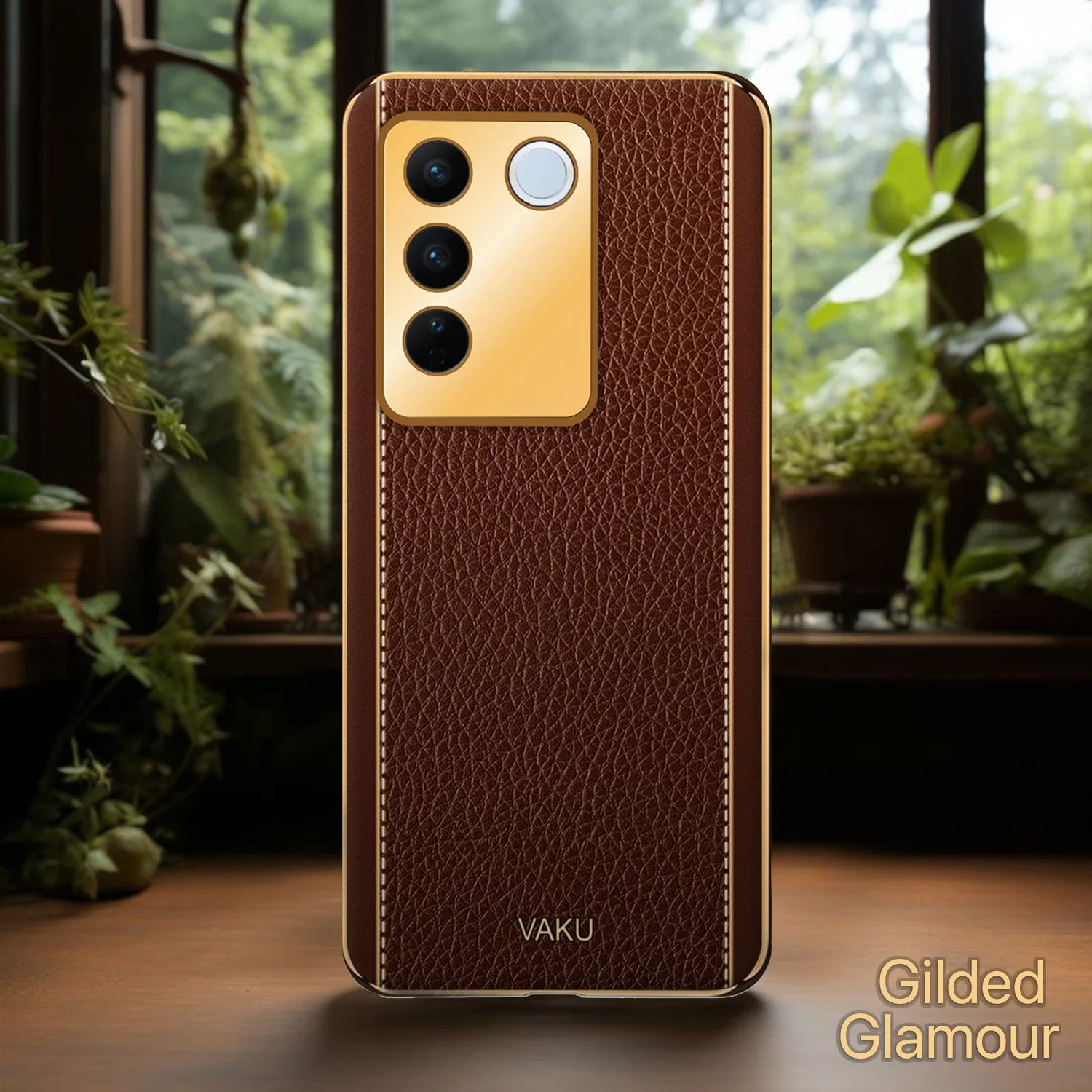 Vaku® Vivo V27 5G Luxemberg Leather Pattern Gold Electroplated Soft TPU Back Cover - Image 5