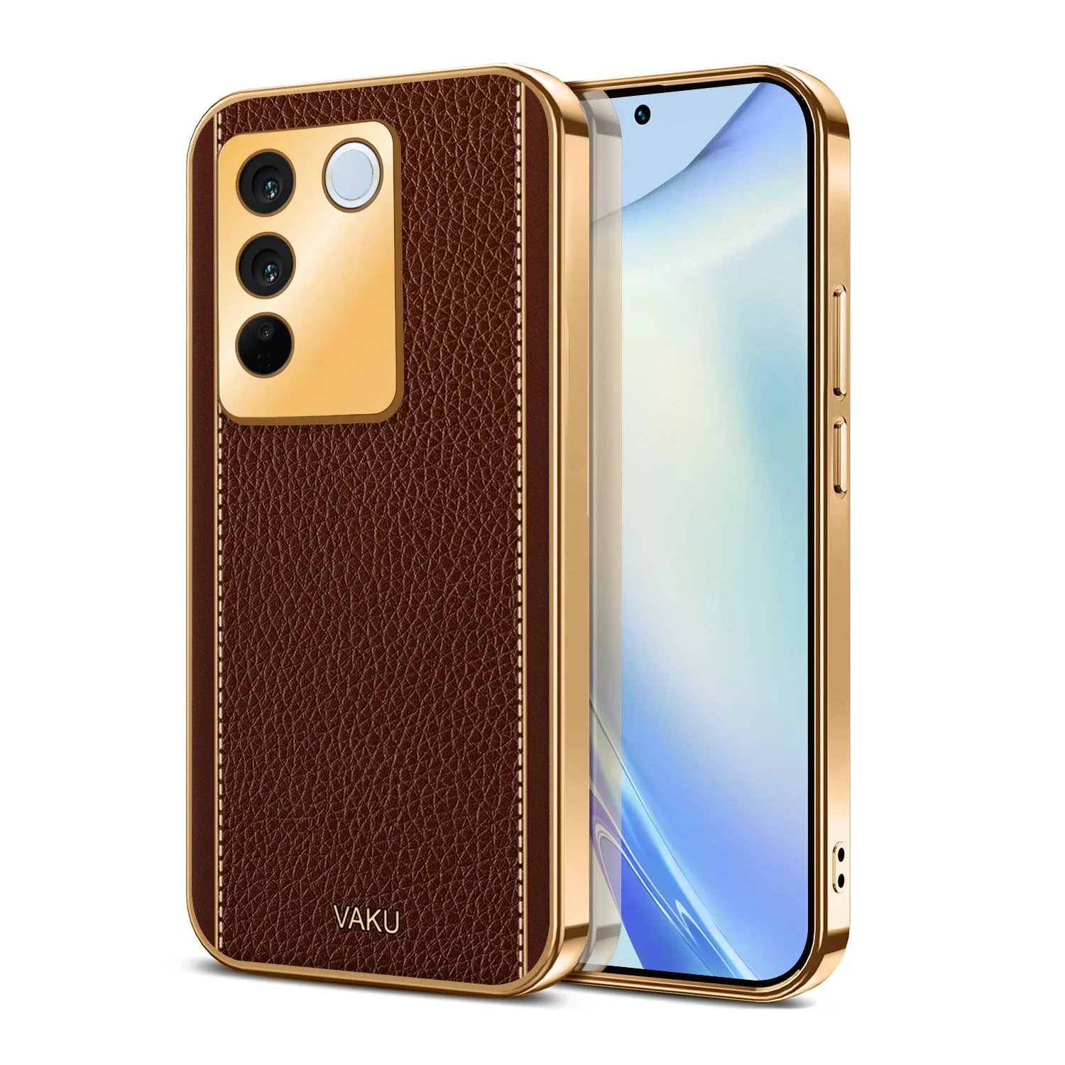 Vaku® Vivo V27 5G Luxemberg Leather Pattern Gold Electroplated Soft TPU Back Cover - Image 6
