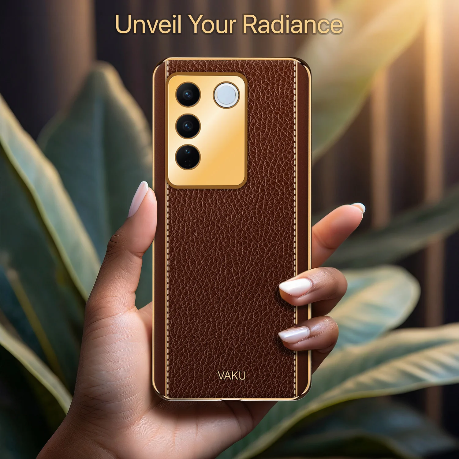 Vaku® Vivo V27 5G Luxemberg Leather Pattern Gold Electroplated Soft TPU Back Cover - Image 7