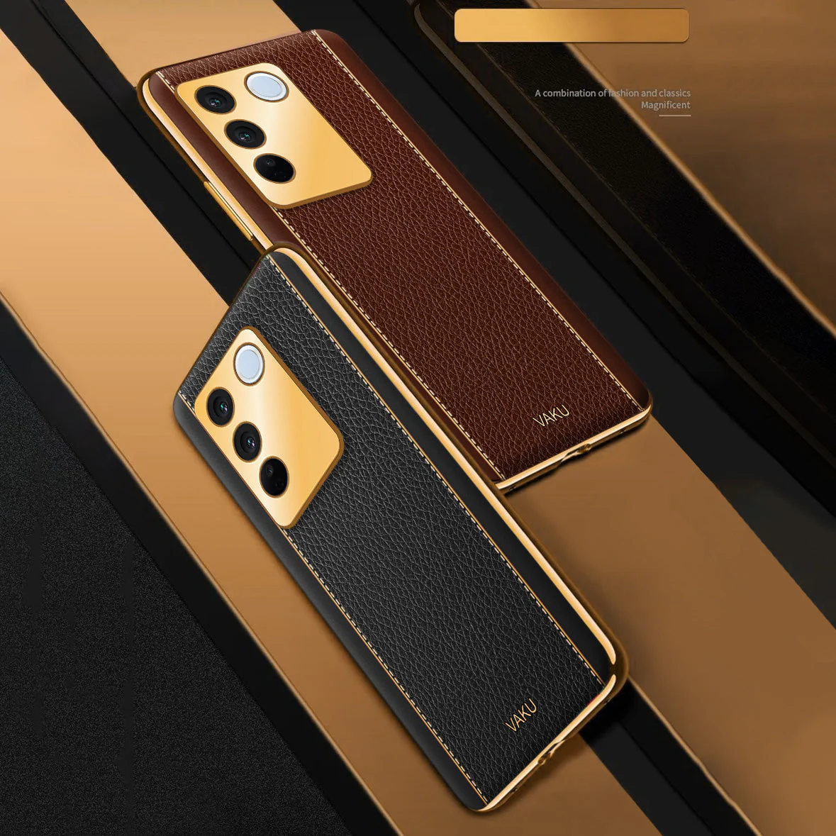 Vaku® Vivo V27 5G Luxemberg Leather Pattern Gold Electroplated Soft TPU Back Cover - Image 8