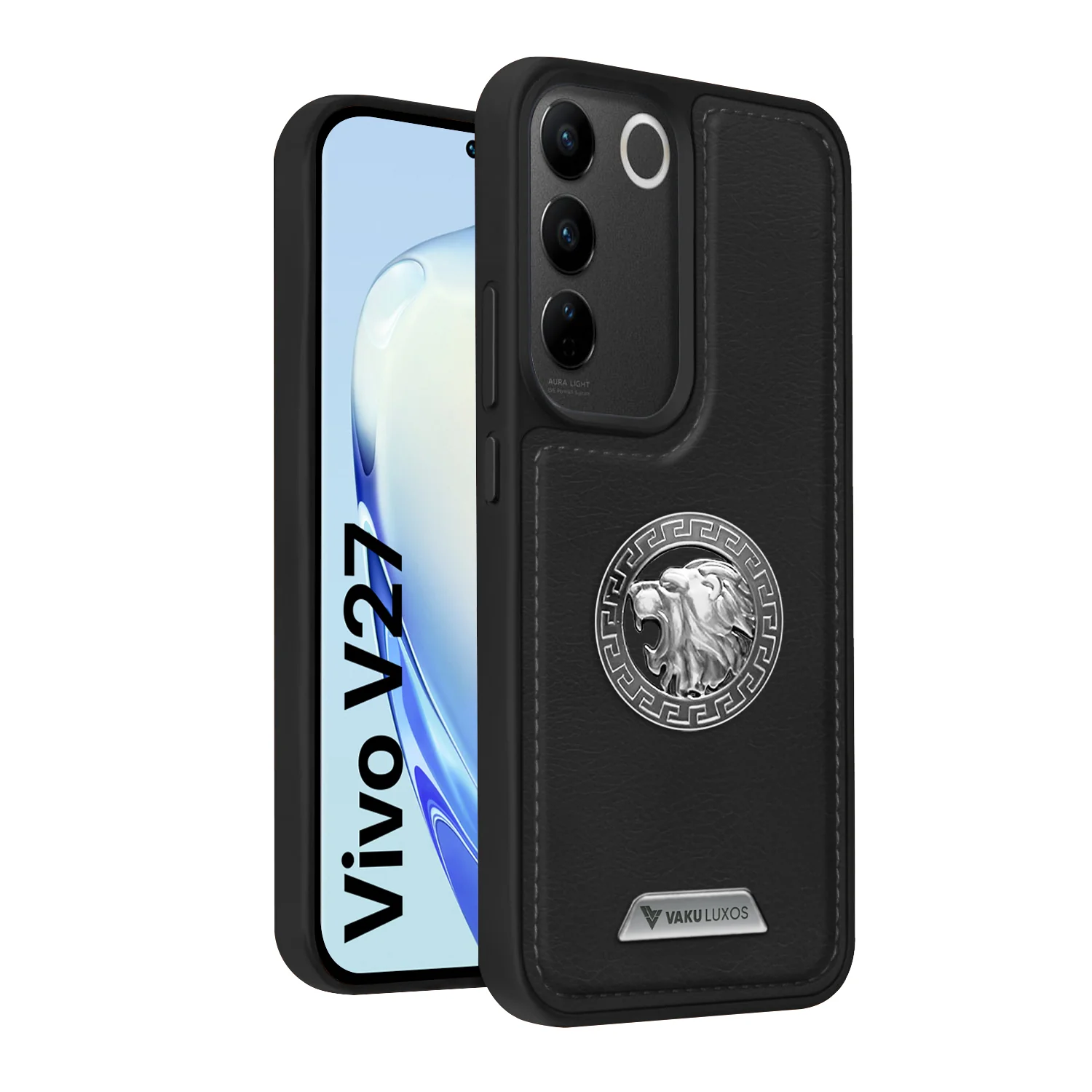 Vaku ® Vivo V27 5G Regal Shield Metal Lion Engraved Leather Back Cover - Image 2