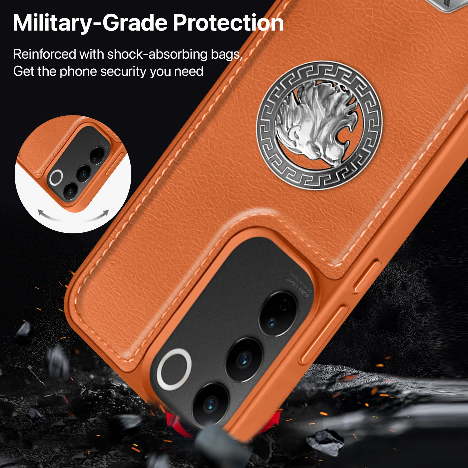 Vaku ® Vivo V27 5G Regal Shield Metal Lion Engraved Leather Back Cover - Image 4