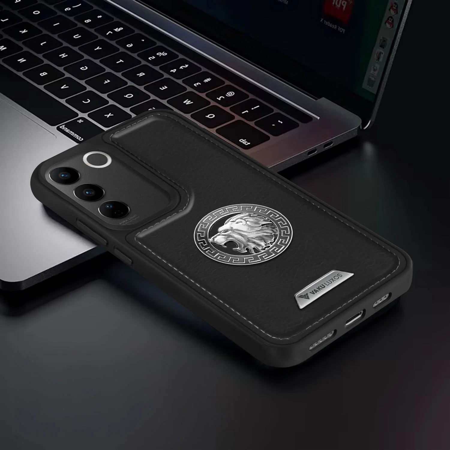 Vaku ® Vivo V27 5G Regal Shield Metal Lion Engraved Leather Back Cover - Image 5