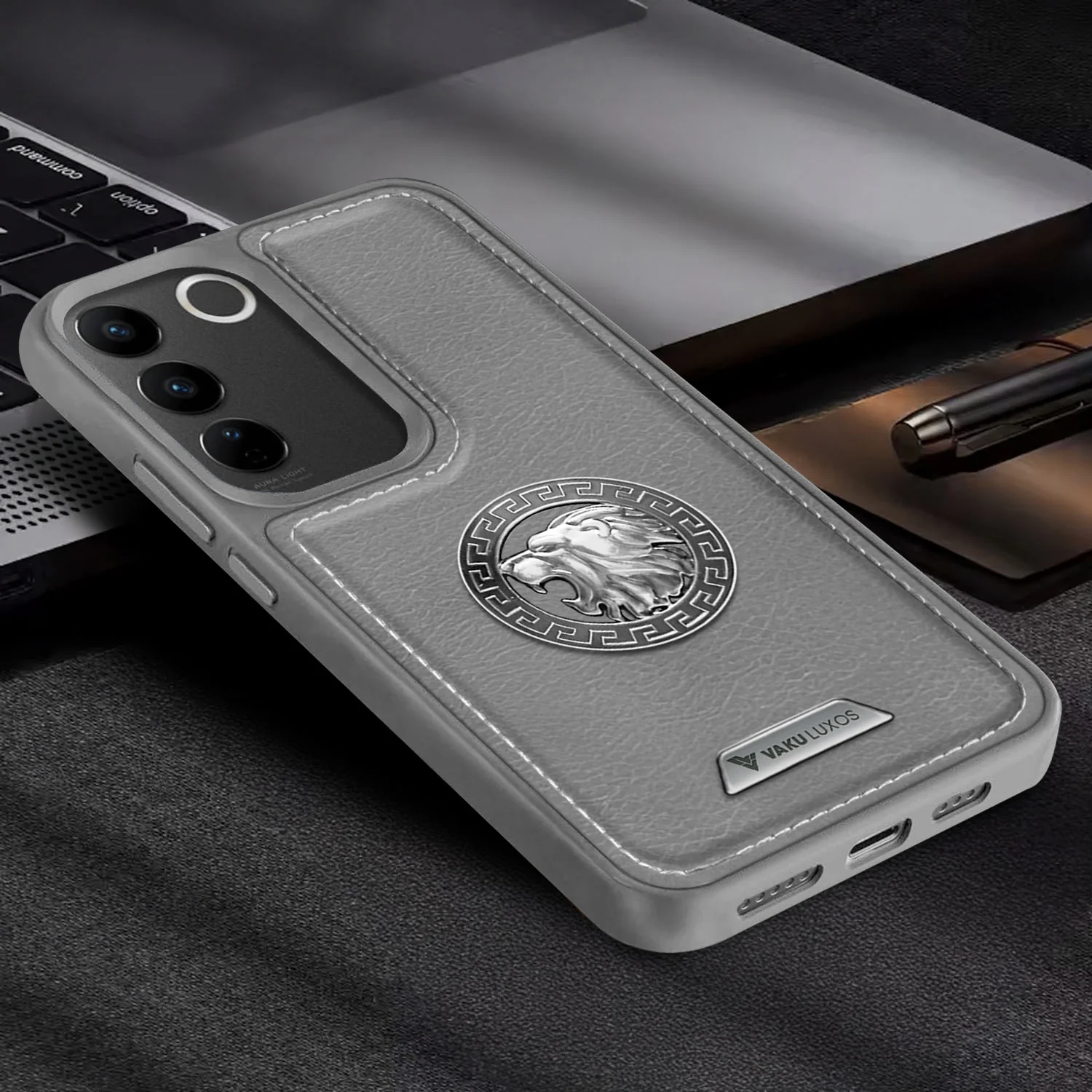Vaku ® Vivo V27 5G Regal Shield Metal Lion Engraved Leather Back Cover - Image 6