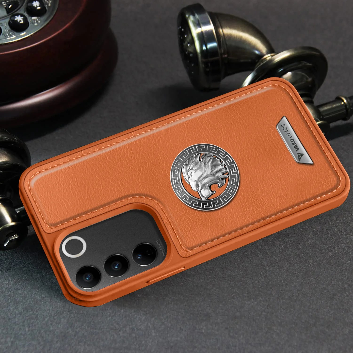 Vaku ® Vivo V27 5G Regal Shield Metal Lion Engraved Leather Back Cover - Image 7