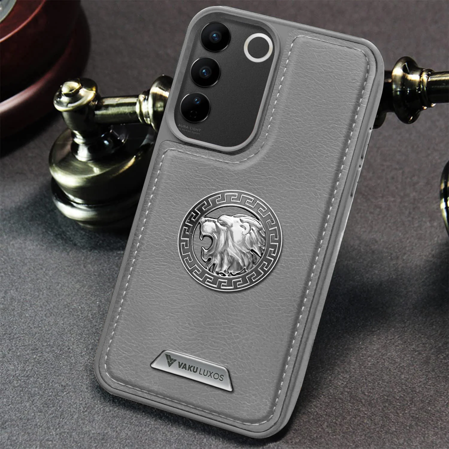 Vaku ® Vivo V27 5G Regal Shield Metal Lion Engraved Leather Back Cover - Image 8