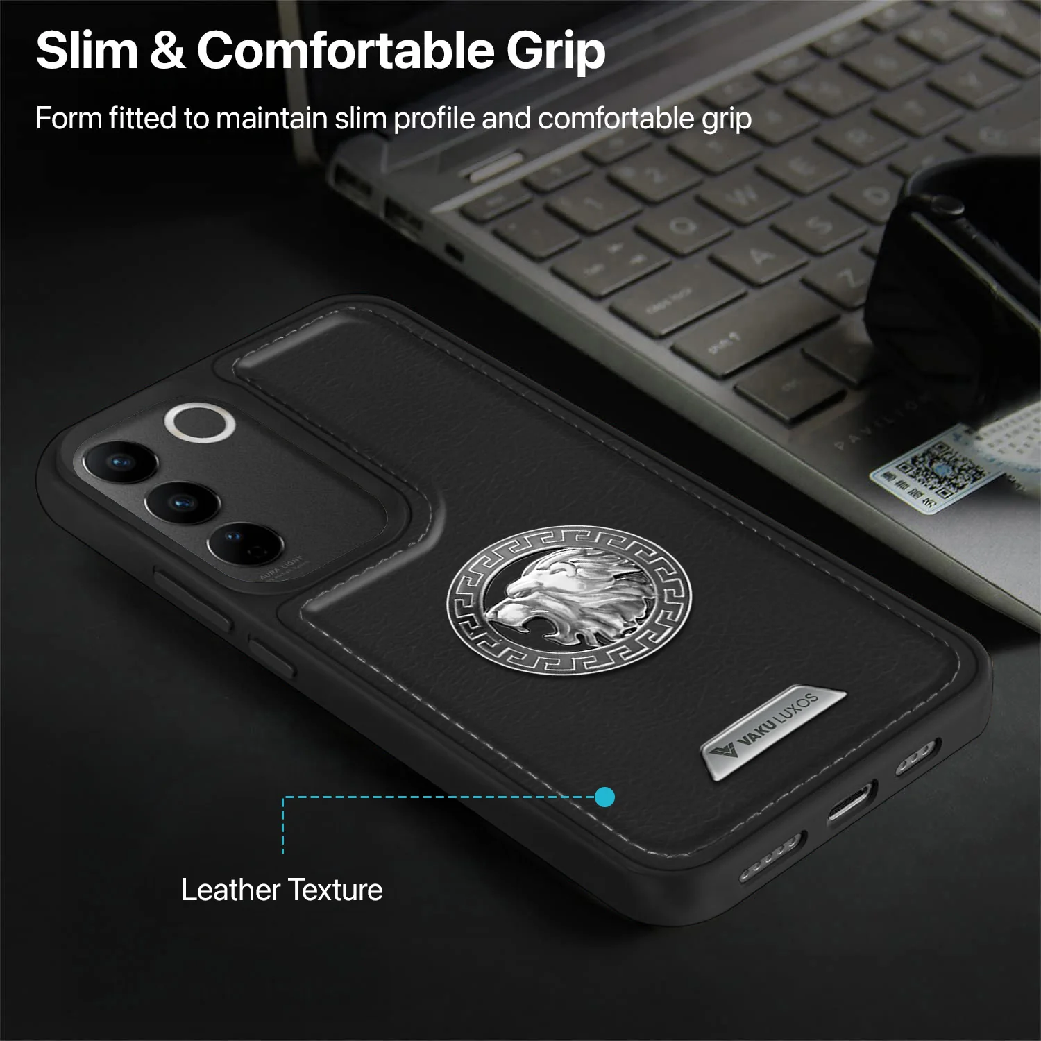 Vaku ® Vivo V27 5G Regal Shield Metal Lion Engraved Leather Back Cover - Image 9