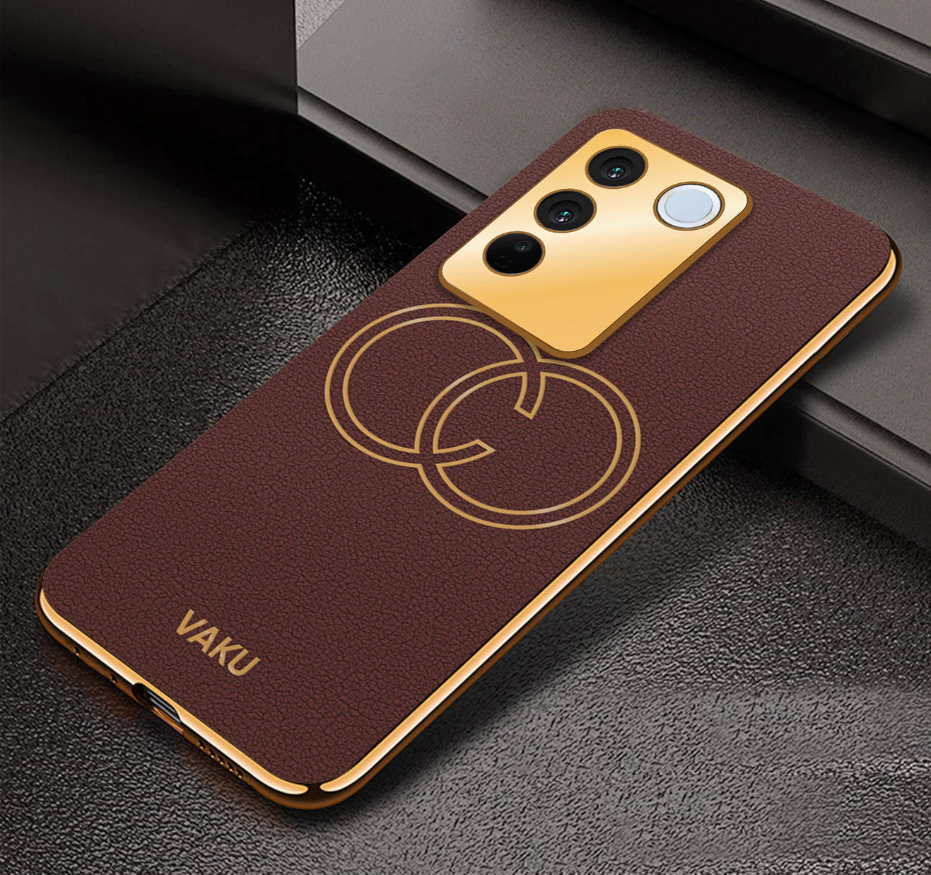 Vaku ® Vivo V27 5G Skylar Leather Pattern Gold Electroplated Soft TPU Back Cover - Image 3