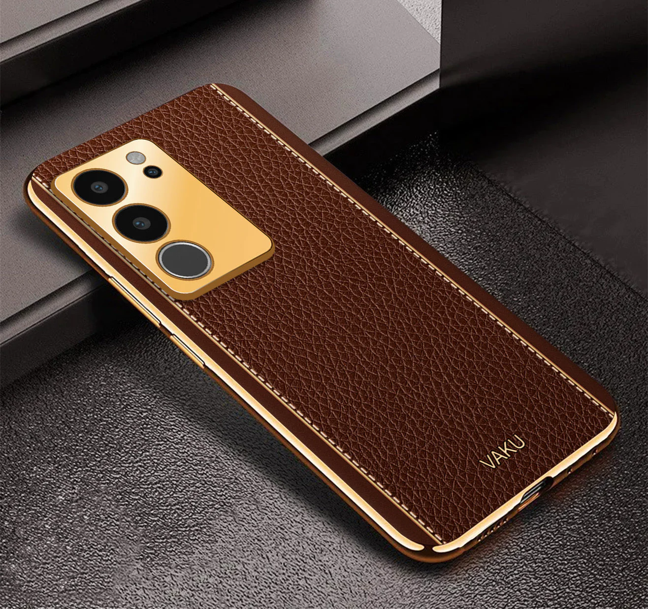 Vaku® Vivo V29 5G Luxemberg Leather Pattern Gold Electroplated Soft TPU Back Cover