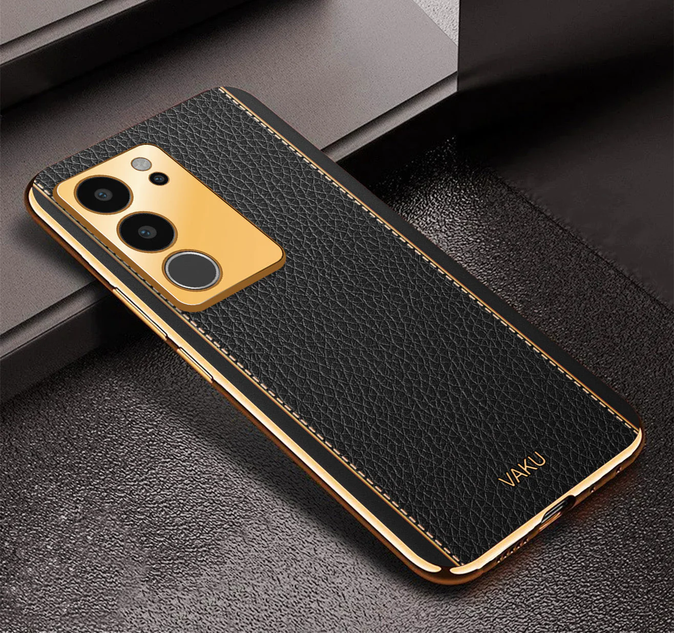 Vaku® Vivo V29 5G Luxemberg Leather Pattern Gold Electroplated Soft TPU Back Cover - Image 12