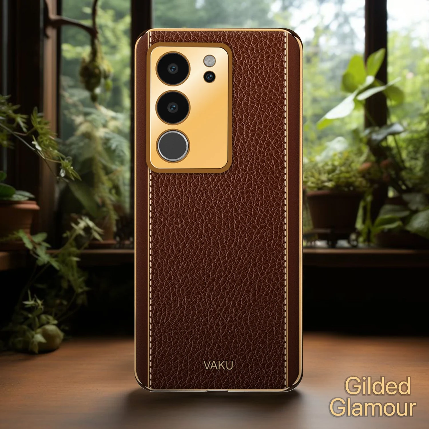 Vaku® Vivo V29 5G Luxemberg Leather Pattern Gold Electroplated Soft TPU Back Cover - Image 13