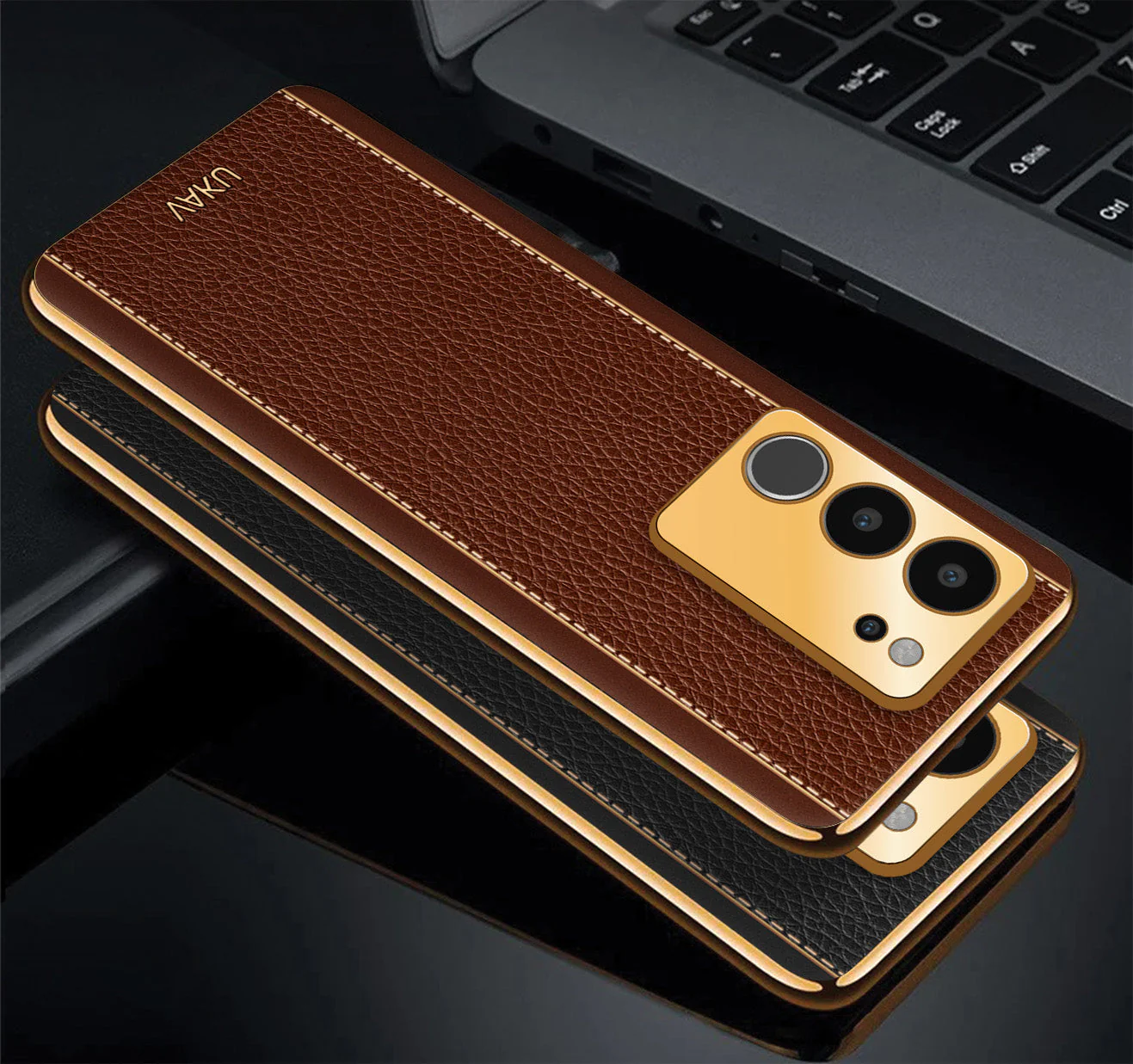 Vaku® Vivo V29 5G Luxemberg Leather Pattern Gold Electroplated Soft TPU Back Cover - Image 3