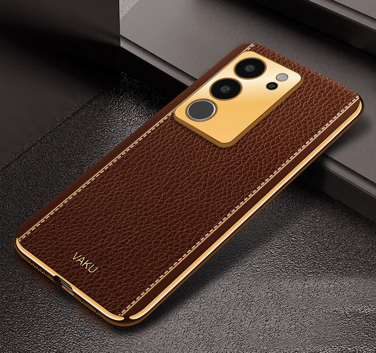 Vaku® Vivo V29 5G Luxemberg Leather Pattern Gold Electroplated Soft TPU Back Cover - Image 6