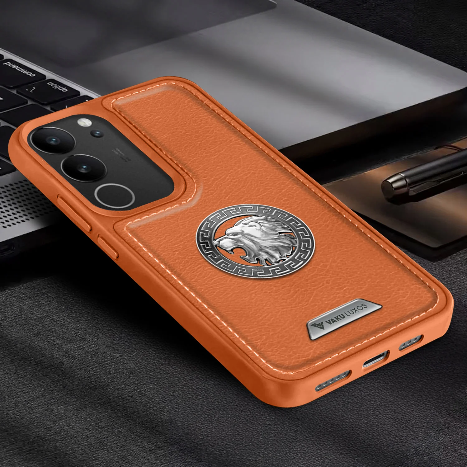 Vaku ® Vivo V29 5G Regal Shield Metal Lion Engraved Leather Back Cover - Image 15
