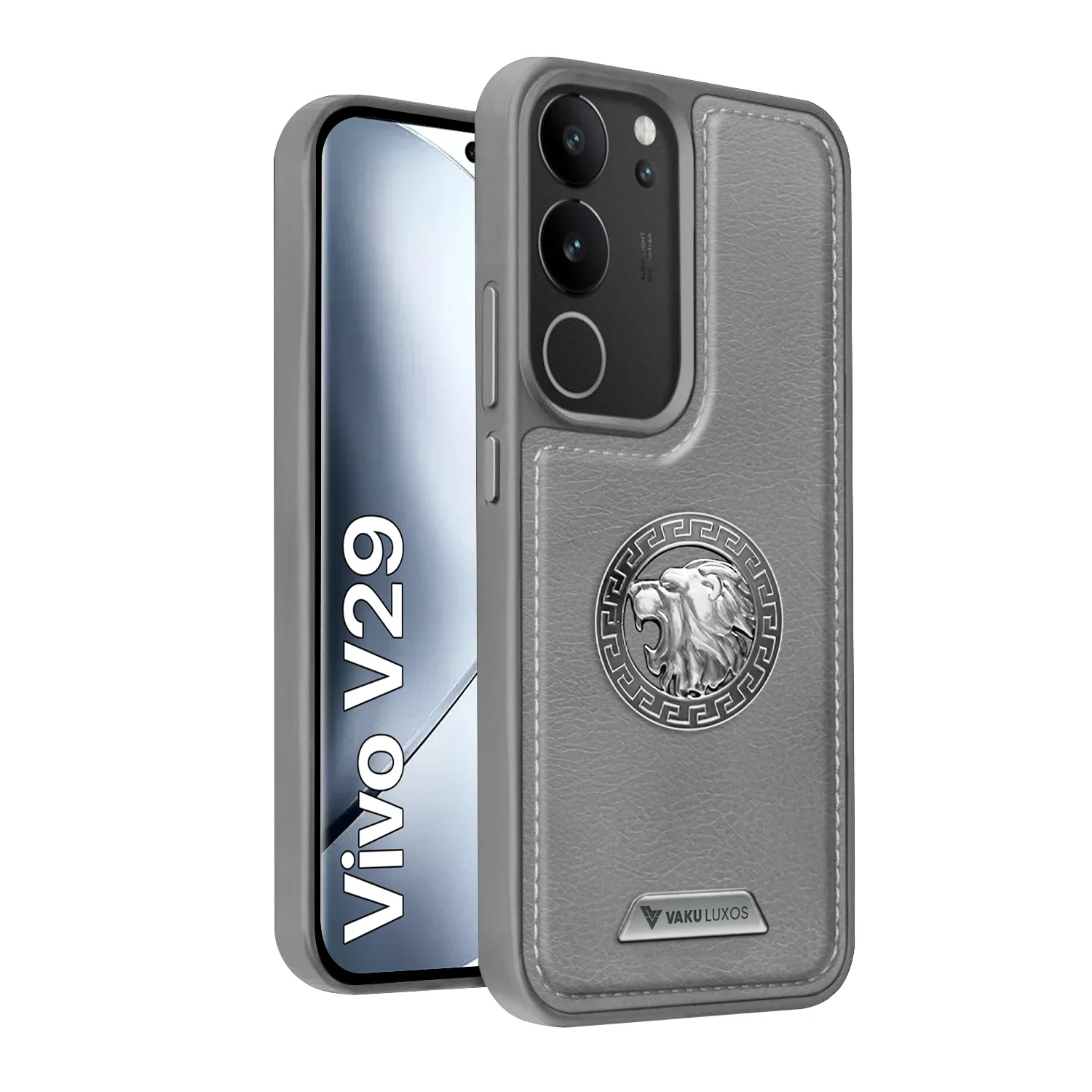 Vaku ® Vivo V29 5G Regal Shield Metal Lion Engraved Leather Back Cover - Image 3