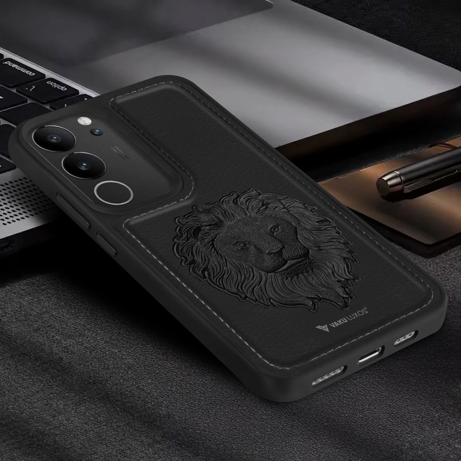 Vaku ® Vivo V29 Pro 5G  Lion Embossed Luxury Designer Leather Back Cover - Image 3