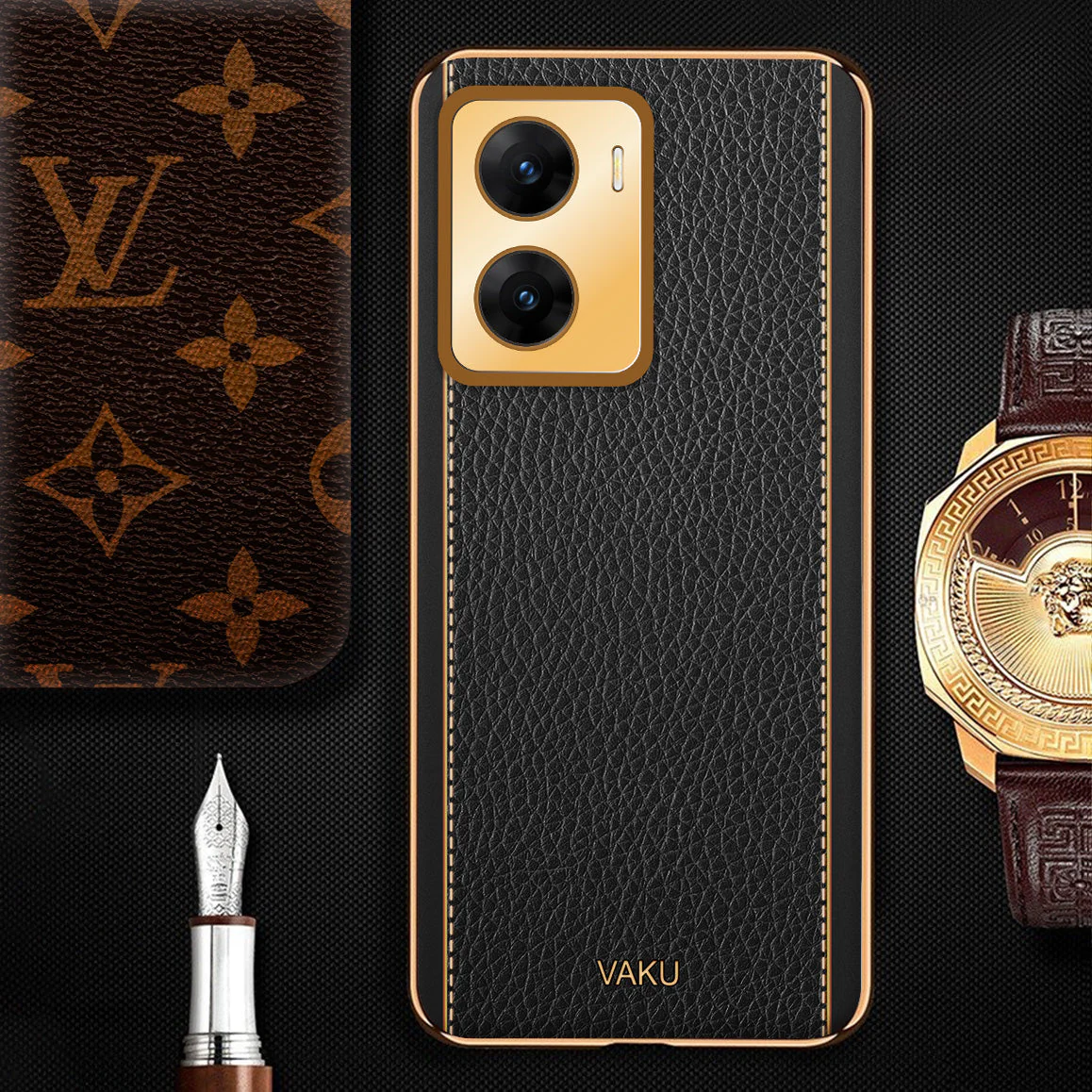 Vaku® Vivo V29e 5G Luxemberg Leather Pattern Gold Electroplated Soft TPU Back Cover - Image 10