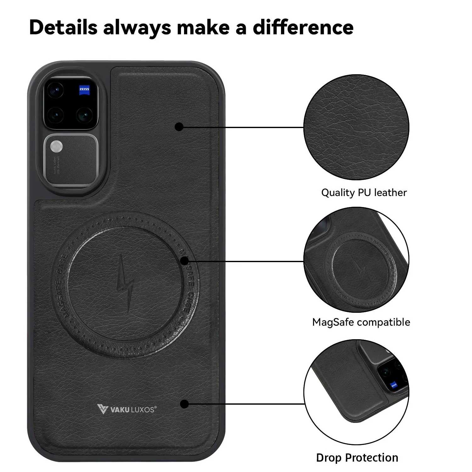 Vaku ® Vivo V30 5G Maxtron Leather Stitched Magnetic Magsafe Back Cover - Image 7
