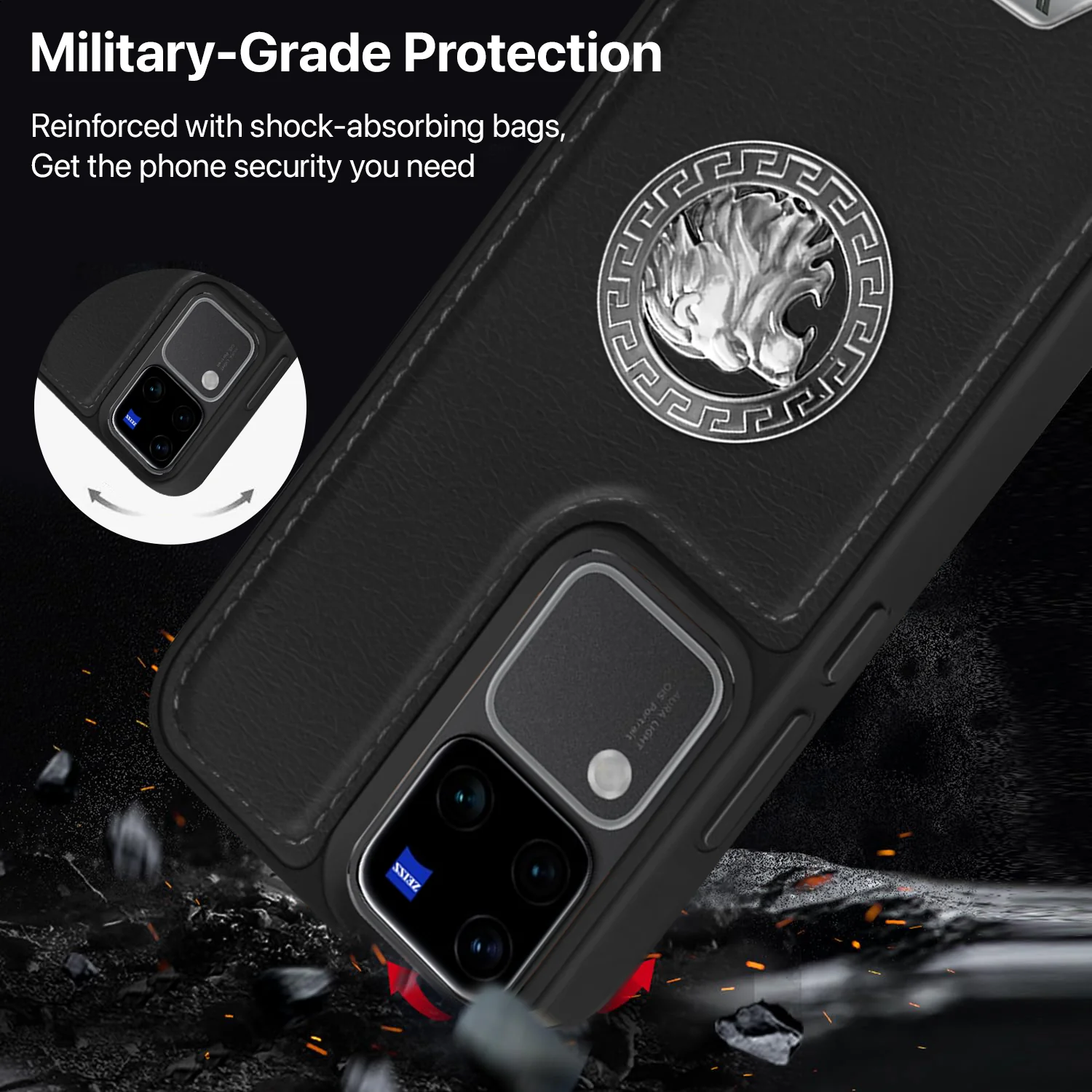 Vaku ® Vivo V30 5G Regal Shield Metal Lion Engraved Leather Back Cover - Image 13