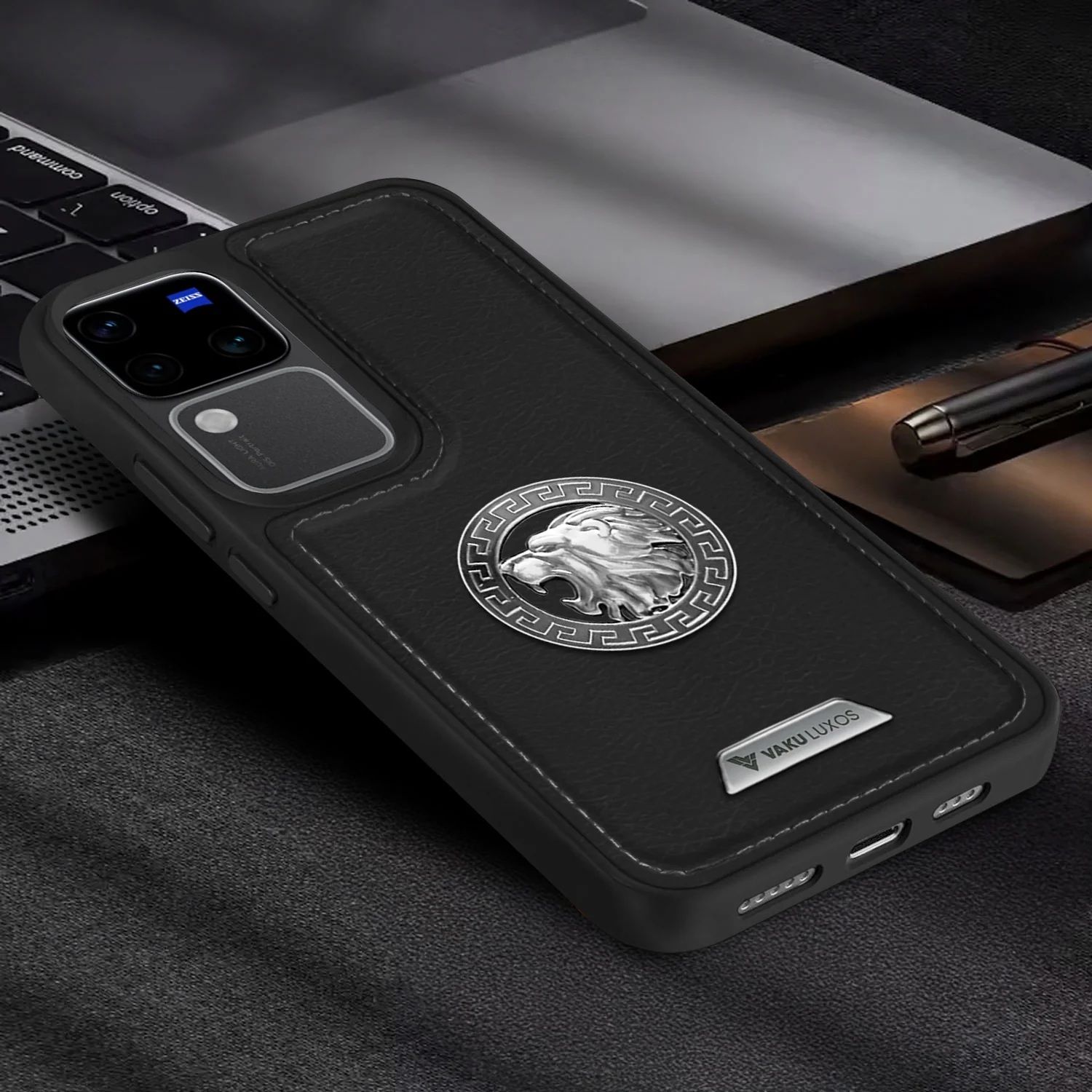 Vaku ® Vivo V30 5G Regal Shield Metal Lion Engraved Leather Back Cover - Image 14