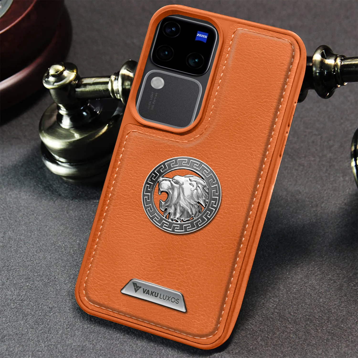 Vaku ® Vivo V30 5G Regal Shield Metal Lion Engraved Leather Back Cover - Image 4
