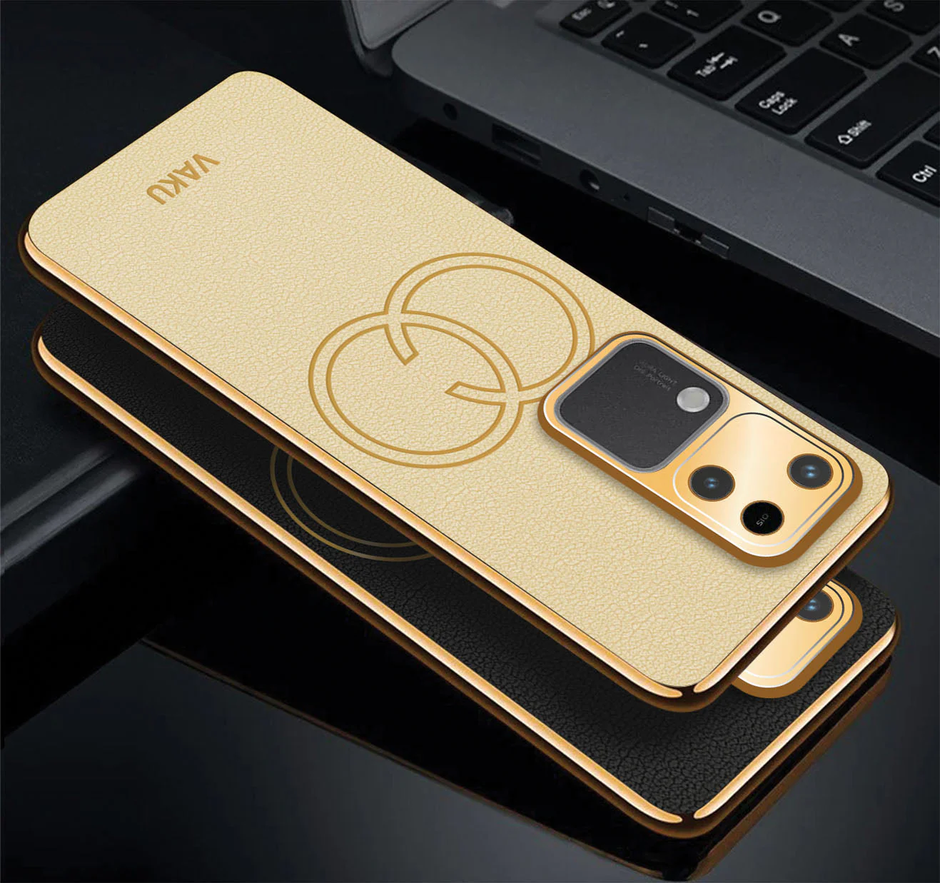 Vaku ® Vivo V30 5G Skylar Leather Pattern Gold Electroplated Soft TPU Back Cover - Image 2