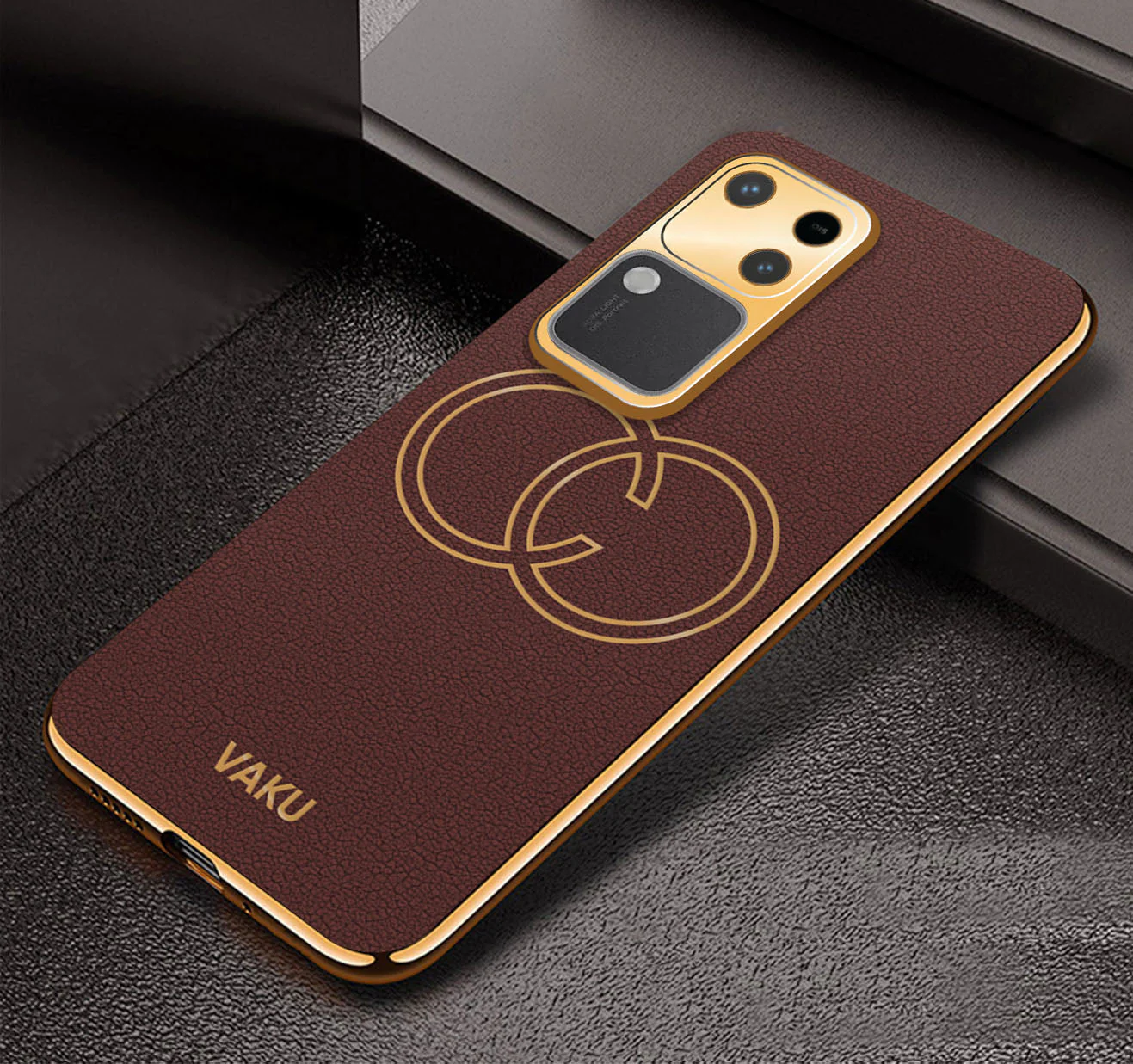 Vaku ® Vivo V30 5G Skylar Leather Pattern Gold Electroplated Soft TPU Back Cover - Image 3